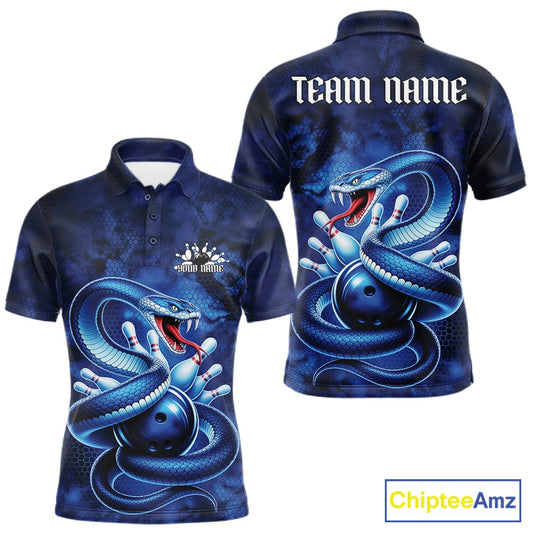 Front and back mens bowling polo featuring a blue cobra coiled around a bowling ball with scattered pins in dark fantasy style.