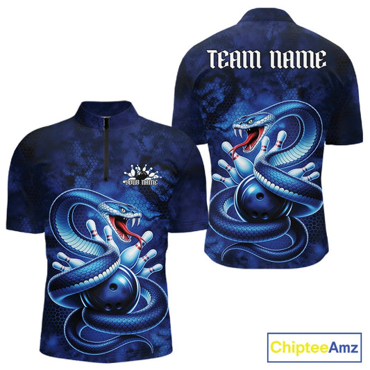 Front and back mens bowling quarter-zip featuring a blue cobra coiled around a bowling ball with scattered pins in dark fantasy style.