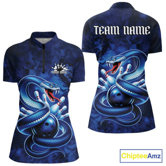 Front and back womens bowling quarter-zip featuring a blue cobra coiled around a bowling ball with scattered pins in a dark fantasy style.