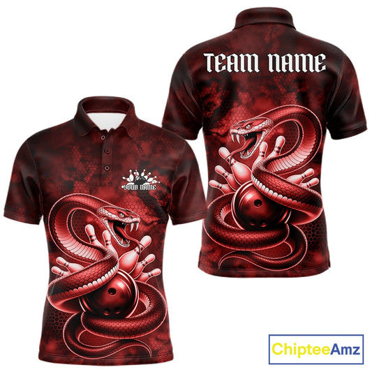 Front and back mens bowling polo featuring a red cobra coiled around a bowling ball with scattered pins in dark fantasy style.