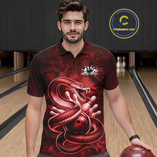 Male model in a bowling alley wearing a bowling polo with red cobra artwork and scattered bowling pins.