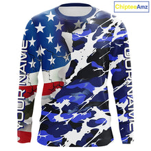 Load image into Gallery viewer, Custom American Flag Blue Camo Long Sleeve Shirts, Patriotic Performance Fishing Shirts IPHW6535