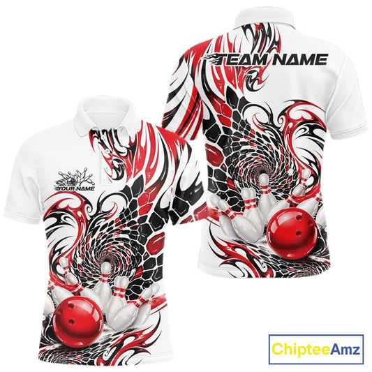Front and back mockup of a mens white bowling polo shirt featuring red and black tribal graphics, textured scale patterns, and bowling-themed artwork