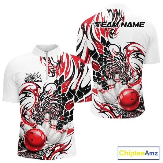 Front and back mockup of a mens white bowling quarter zip shirt featuring a red and black tribal honeycomb pattern with a glossy red bowling ball striking pins