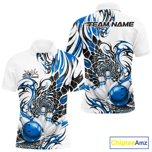 Front and back mockup of a mens white bowling polo shirt featuring blue and black tribal accents, scale textures, and bowling-themed artwork
