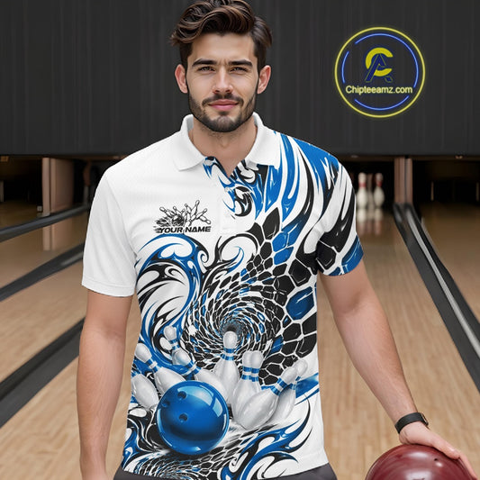 Male model in a bowling alley wearing a white bowling polo shirt with blue and black tribal motifs and a red bowling ball hitting the pins