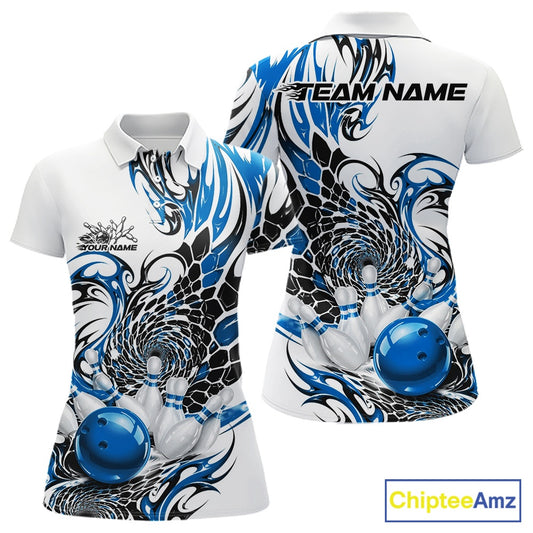 Front and back mockup of a womens white bowling polo shirt featuring blue and black tribal scale artwork and a glossy red bowling ball knocking down pins