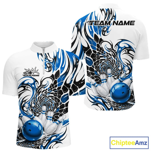 Mens white bowling quarter zip shirt mockup shown from front and back with blue and black tribal scale graphics and a glossy red bowling strike motif