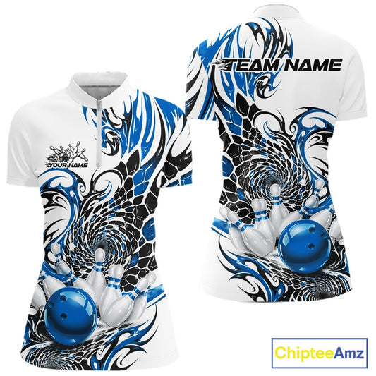 Front and back view of a womens white bowling quarter-zip featuring blue and black tribal patterns, textured scale artwork, and a red bowling ball design