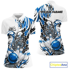 Load image into Gallery viewer, Front and back view of a womens white bowling quarter-zip featuring blue and black tribal patterns, textured scale artwork, and a red bowling ball design