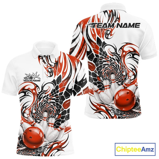 Front and back mockup of a mens white bowling polo shirt with orange and black tribal graphics and a glossy red bowling ball illustration
