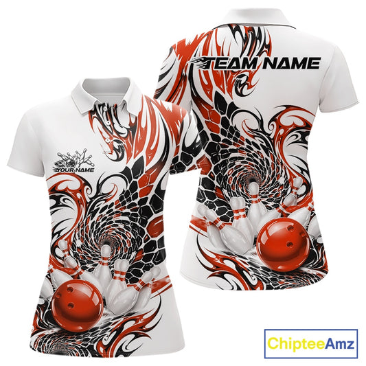 Womens white bowling polo shirt mockup shown from front and back with orange and black tribal accents and a glossy red bowling ball design