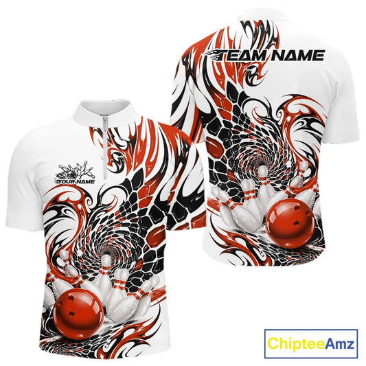 Front and back mockup of a mens white bowling quarter-zip featuring orange and black tribal patterns, textured scale details, and bowling pin imagery