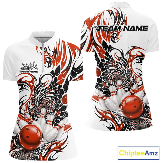 Front and back view of a womens white bowling quarter-zip featuring orange and black tribal artwork and a glossy red bowling ball scene
