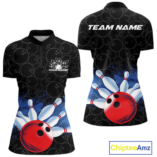 Custom Bowling Pattern Bowling Quarter-Zip Team Shirts For Women, Bowling League Shirt IPHW9545