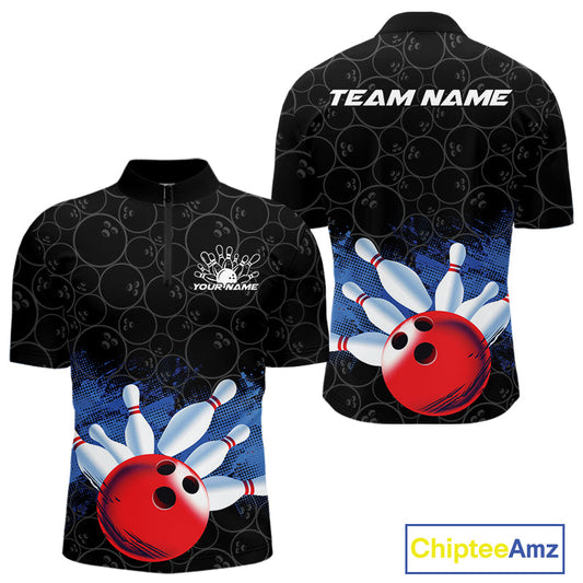 Custom Bowling Pattern Bowling Quarter-Zip Team Shirts For Men, Bowling League Shirt IPHW9545
