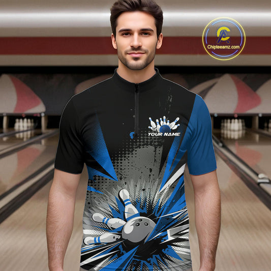 Custom Black And Blue Grunge Bowling Ball And Pins Explosion Team Quarter-Zip Shirts For Men IPHW9548