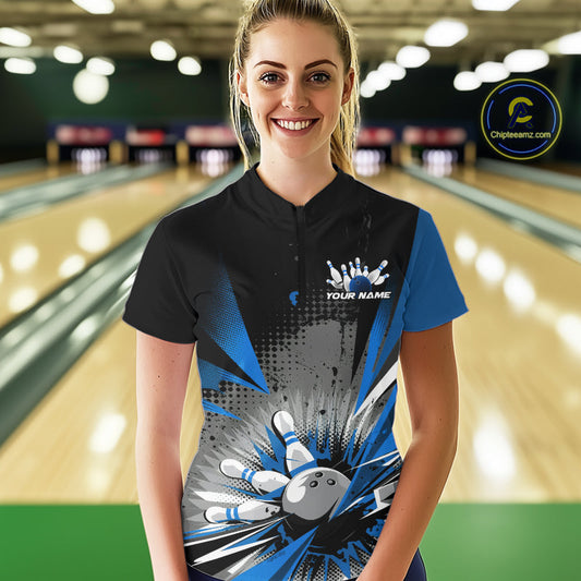 Custom Black And Blue Grunge Bowling Ball And Pins Explosion Team Women Quarter-Zip Shirt IPHW9548