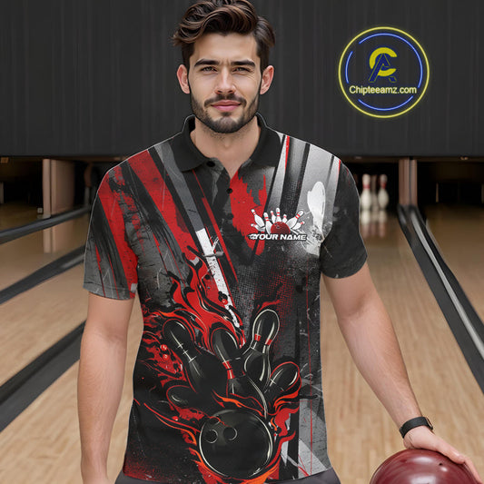 Custom Grunge Black And Red Fire Flame Bowling Polo Shirts For Men, Bowling Team Uniform IPHW9555