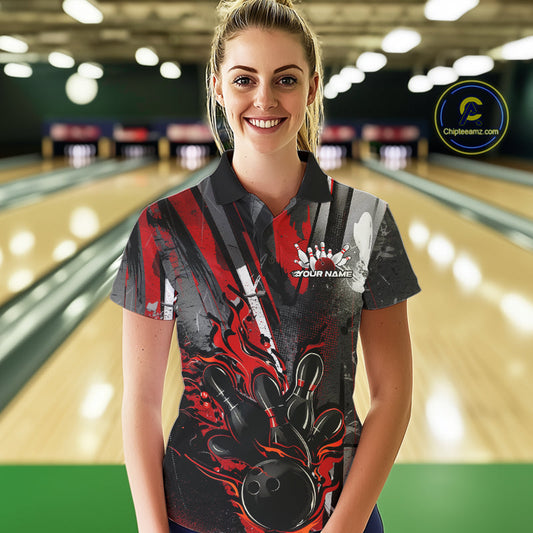 Custom Grunge Black And Red Fire Flame Bowling Women Polo Shirt, Bowling Team Uniform IPHW9555