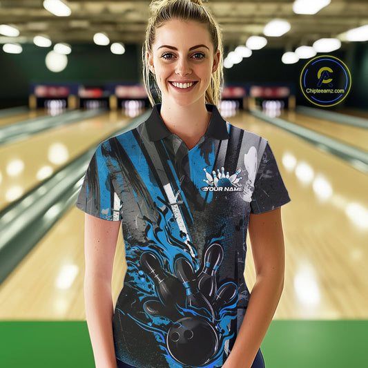 Custom Grunge Black And Blue Fire Flame Bowling Women Polo Shirt, Bowling Team Uniform IPHW9556