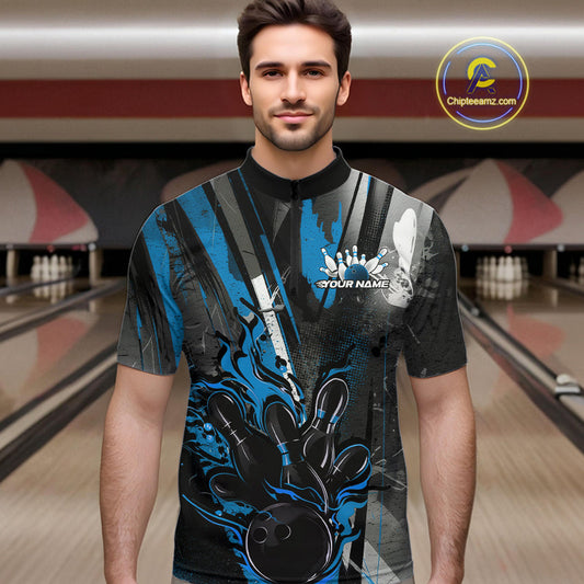 Custom Grunge Black And Blue Fire Flame Bowling Quarter-Zip Shirts For Men, Bowling Team Uniform IPHW9556