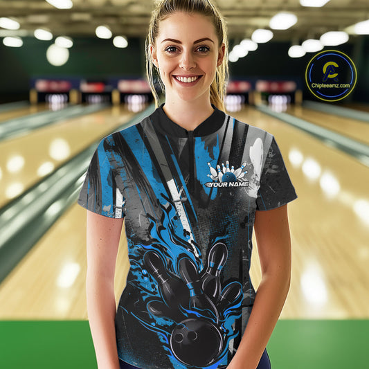 Custom Grunge Black And Blue Fire Flame Bowling Women Quarter-Zip Shirt, Bowling Uniform IPHW9556