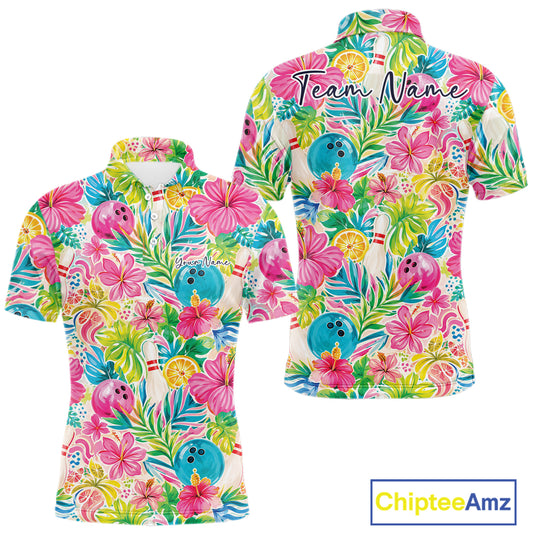 Custom Summer Tropical Flower Bowling Team Men Polo Shirts, Floral Bowling Shirt IPHW11689