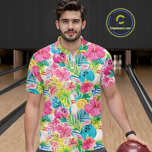 Custom Summer Tropical Flower Bowling Team Men Polo Shirts, Floral Bowling Shirt IPHW11689