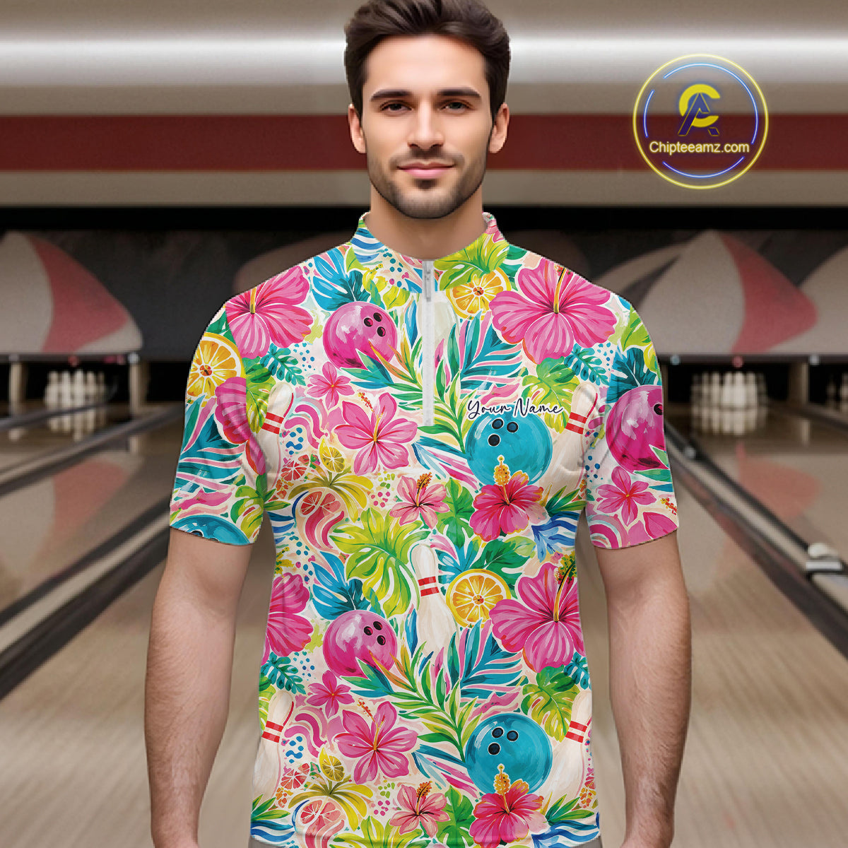 Custom Summer Tropical Flower Bowling Team Men Quarter Zip Shirts, Floral Bowling Shirt IPHW11689