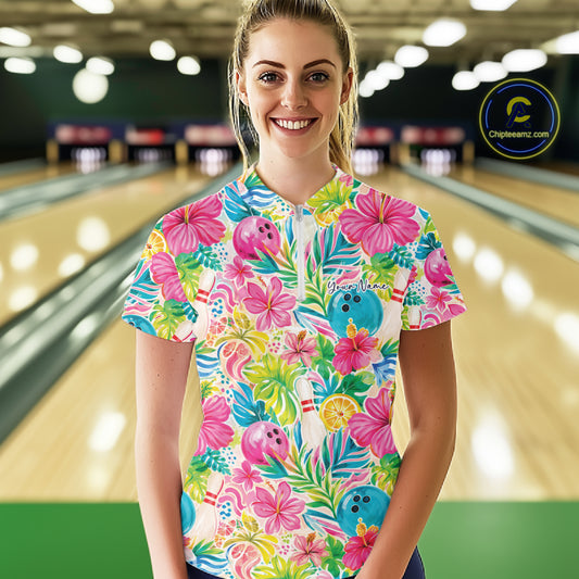 Custom Summer Tropical Flower Bowling Team Women Quarter-Zip Shirt, Floral Bowling Shirt IPHW11689