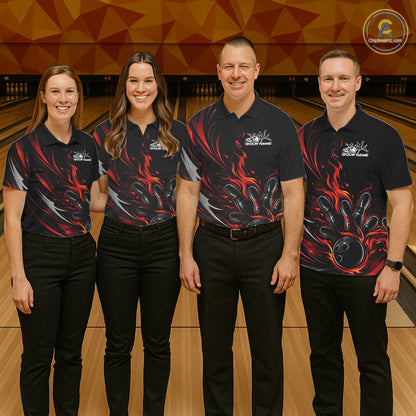 Custom Black And Red Fire Flame Bowling Men Jerseys, Bowling League Polo Shirt IPHW10308