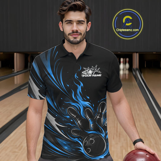 Custom Black And Blue Fire Flame Bowling Men Jerseys, Bowling League Polo Shirt IPHW10309