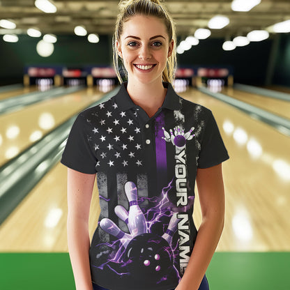 Custom Black And Purple Thin Line American Flag Patriotic US Bowling Polo Shirts For Women IPHW8517