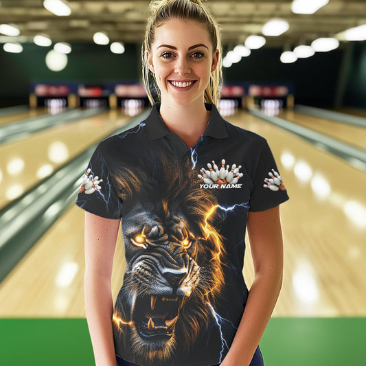 Custom Blue Thunder Lightning Lion Bowling Team Women Polo Shirts, Bowling League Shirt IPHW8986
