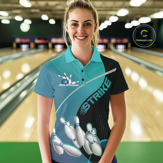 Custom Black And Blue Strike Bowling Polo Shirts For Women, Bowler Outfit Team Jerseys IPHW9229