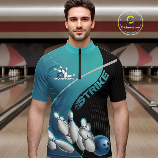Custom Black And Blue Strike Bowling Quarter-Zip Shirts For Men, Bowler Outfit Team Jerseys IPHW9229