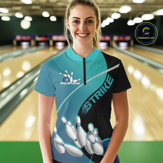 Custom Black And Blue Strike Bowling Quarter-Zip Shirts For Women, Team Bowler Jerseys IPHW9229