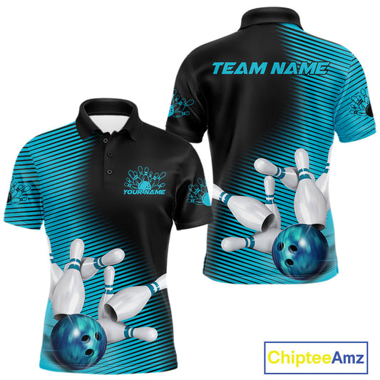 Custom Black And Blue Bowling Polo Shirts For Men, Blue Bowling Jerseys IPHW9401