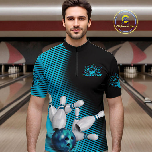 Custom Black And Blue Bowling Quarter-Zip Shirts For Men, Blue Bowling Jerseys IPHW9401