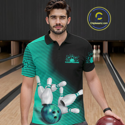 Custom Black And Ball Blue Bowling Polo Shirts For Men, Blue Bowling Jerseys IPHW9402
