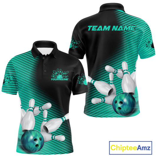 Custom Black And Ball Blue Bowling Polo Shirts For Men, Blue Bowling Jerseys IPHW9402