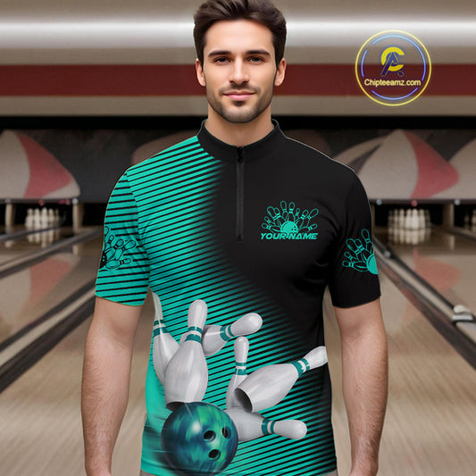 Custom Black And Ball Blue Bowling Quarter-Zip Shirts For Men, Blue Bowling Jerseys IPHW9402