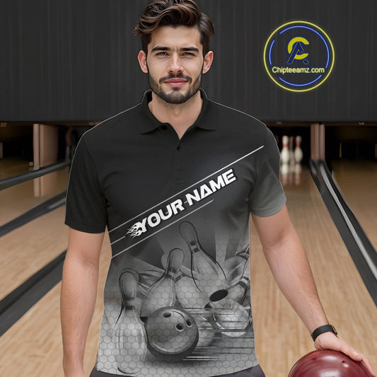 Custom Black And White Bowling Tournament Polo Shirts For Men, Bowling Team Shirt IPHW9405