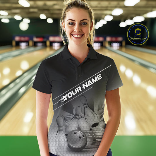 Custom Black And White Bowling Tournament Polo Shirts For Women, Bowling Team Shirt IPHW9405