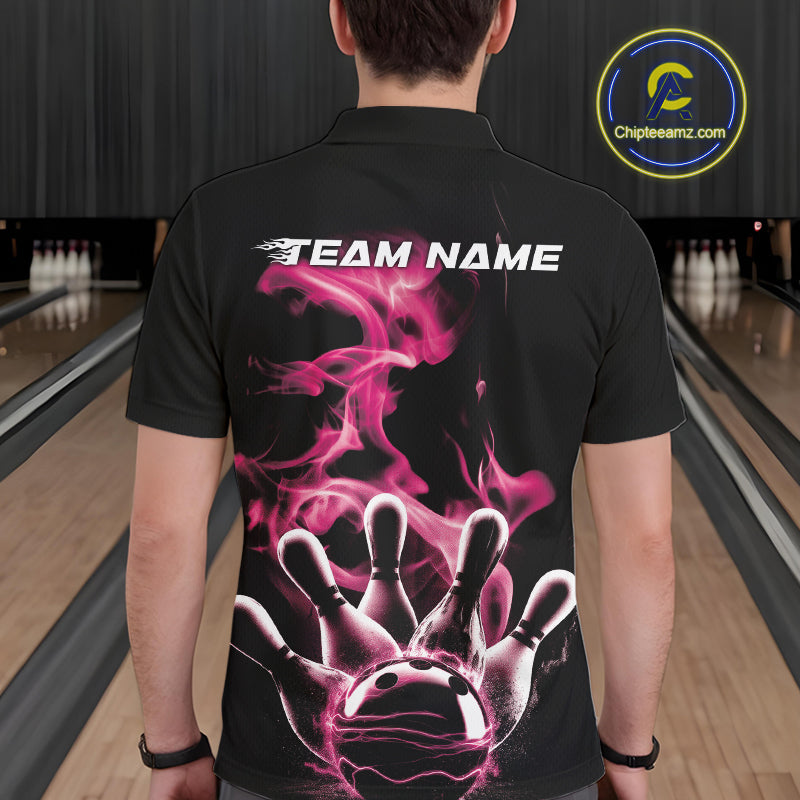 Custom Pink Smoke Bowling Polo Team Shirts For Men, Flame Bowling League Shirt IPHW9564