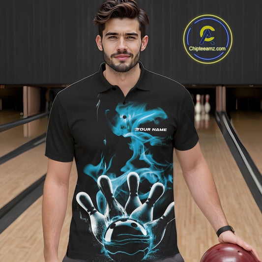 Custom Blue Smoke Bowling Polo Team Shirts For Men, Flame Bowling League Shirt IPHW9565