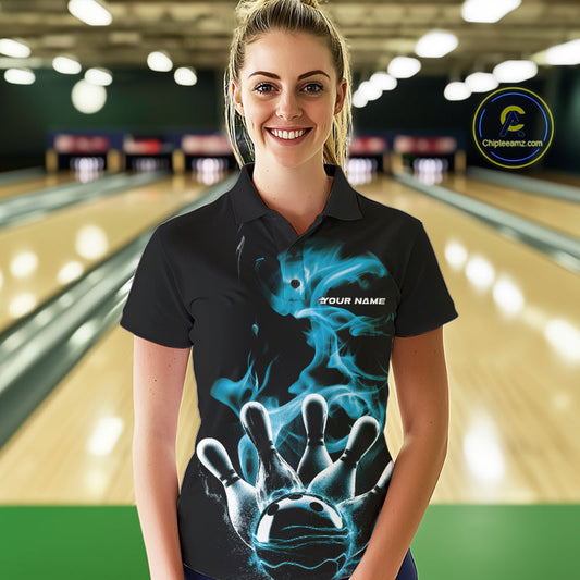 Custom Blue Smoke Bowling Polo Team Shirts For Women, Flame Bowling League Shirt IPHW9565