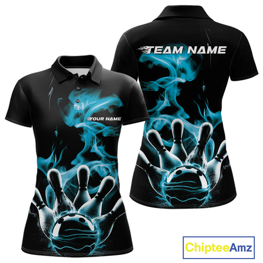 Custom Blue Smoke Bowling Polo Team Shirts For Women, Flame Bowling League Shirt IPHW9565