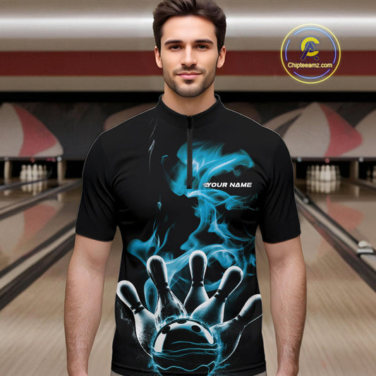 Custom Blue Smoke Bowling Quarter-Zip Team Shirts For Men, Flame Bowling League Shirt IPHW9565